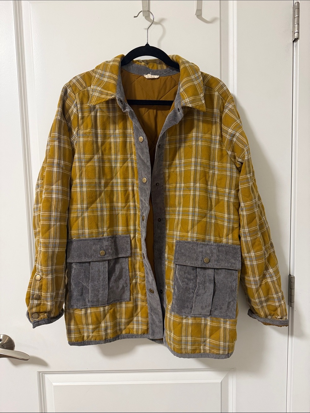 Hem & Thread Mustard Yellow Plaid Quilted Field Jacket with Gray Trim
